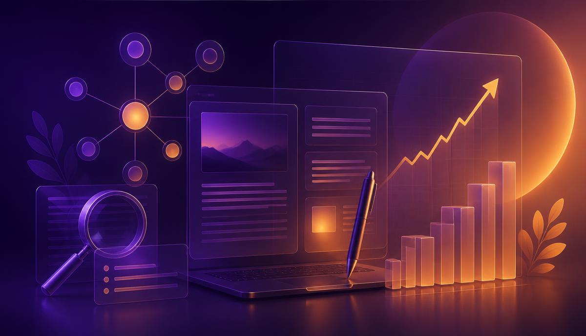Visuels IA et SEO : optimisation des images, texte alternatif riche en mots-clés, compression WebP, vitesse de chargement, Core Web Vitals, référencement naturel local Carcassonne, contenu visuel de marque, blog d'entreprise, illustration éditoriale IA, stratégie de contenu, marketing digital TPE PME, SpeedIzyCom formation IA